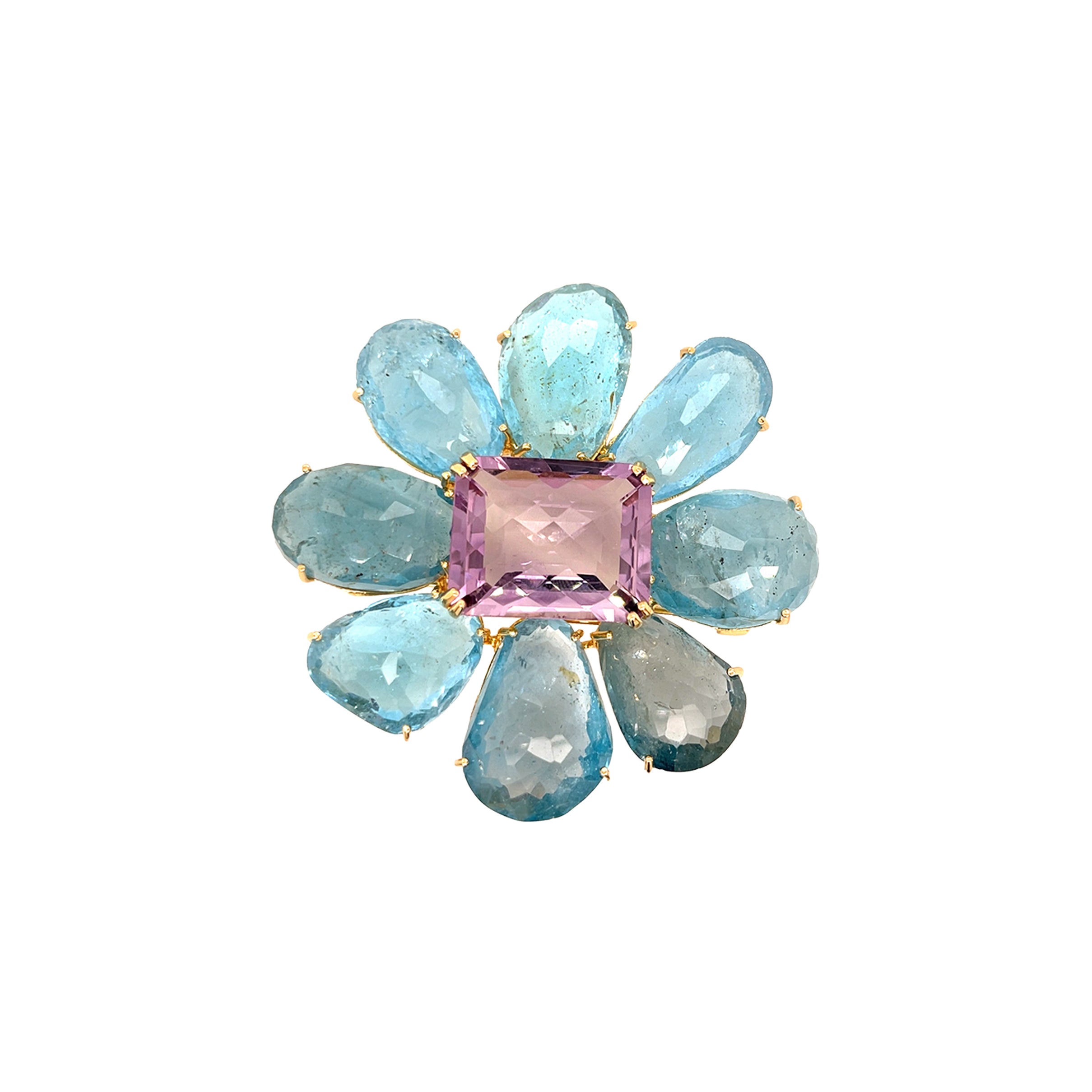 Flower Brooch with an amethyst gemstone surrounded by blue topaz on a white background