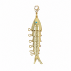 Gold fish-shaped pendant with a blue gemstone on a white background