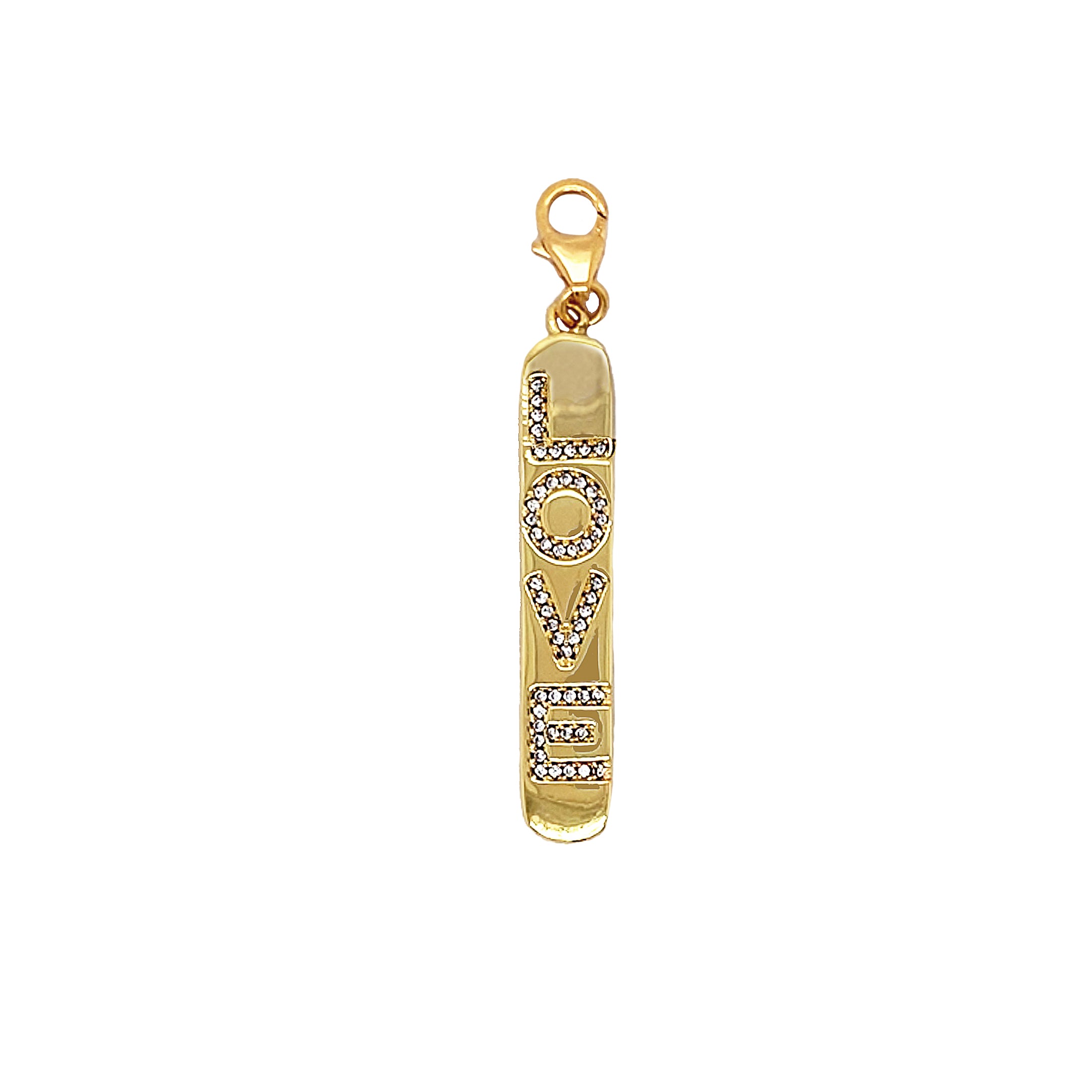 Pave CZ "Love" Charm Pendant

Plated in yellow gold, this vertical bar charm features the word “LOVE” accented with shimmering cubic zirconia stones for a subtle touch of sparkle. Designed with a clasp for easy attachment, it can be added to necklaces, bracelets, or charm holders to personalize your look.

Yellow Gold Plated
2.22" Long X 0.30" Wide