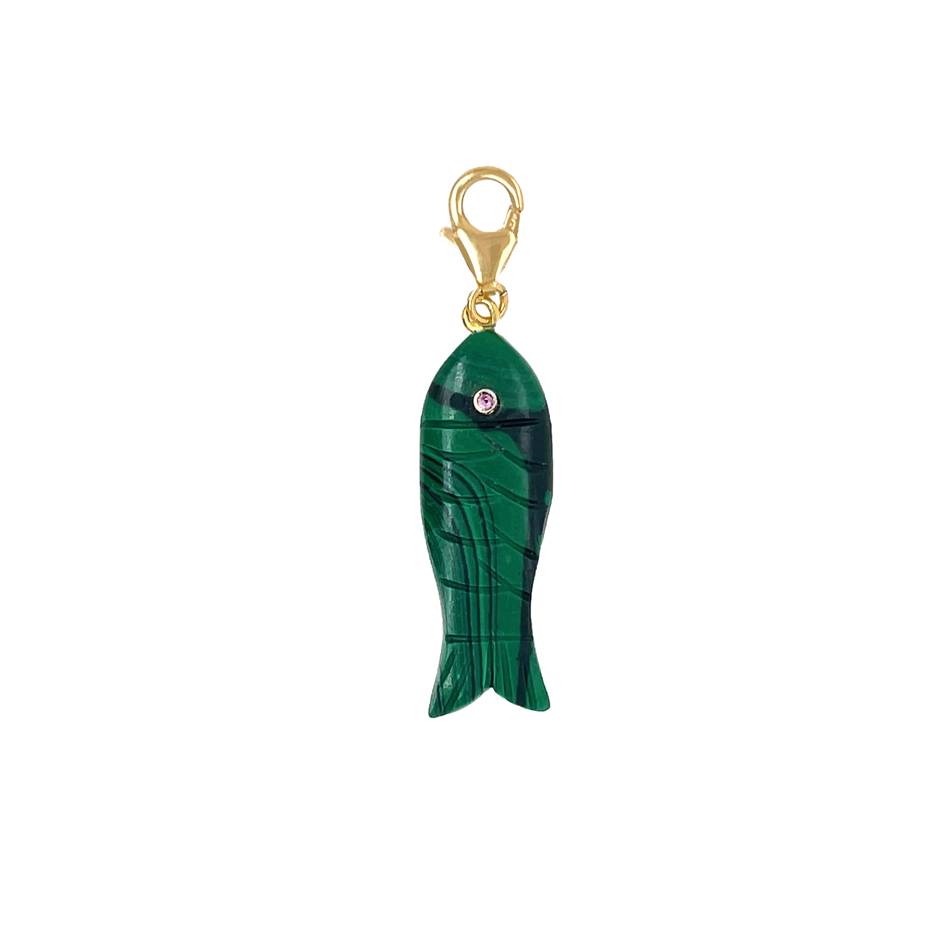 Malachite &amp; Pink Tourmaline Eye Textured Fish Charm&nbsp;

Reel in some fun with our Fish Charm! This texturized charm adds a playful touch to any accessory. No need to fish for compliments, they'll come swimming your way with this cute addition.

Yellow Gold Plated Over Silver
1.30" Long