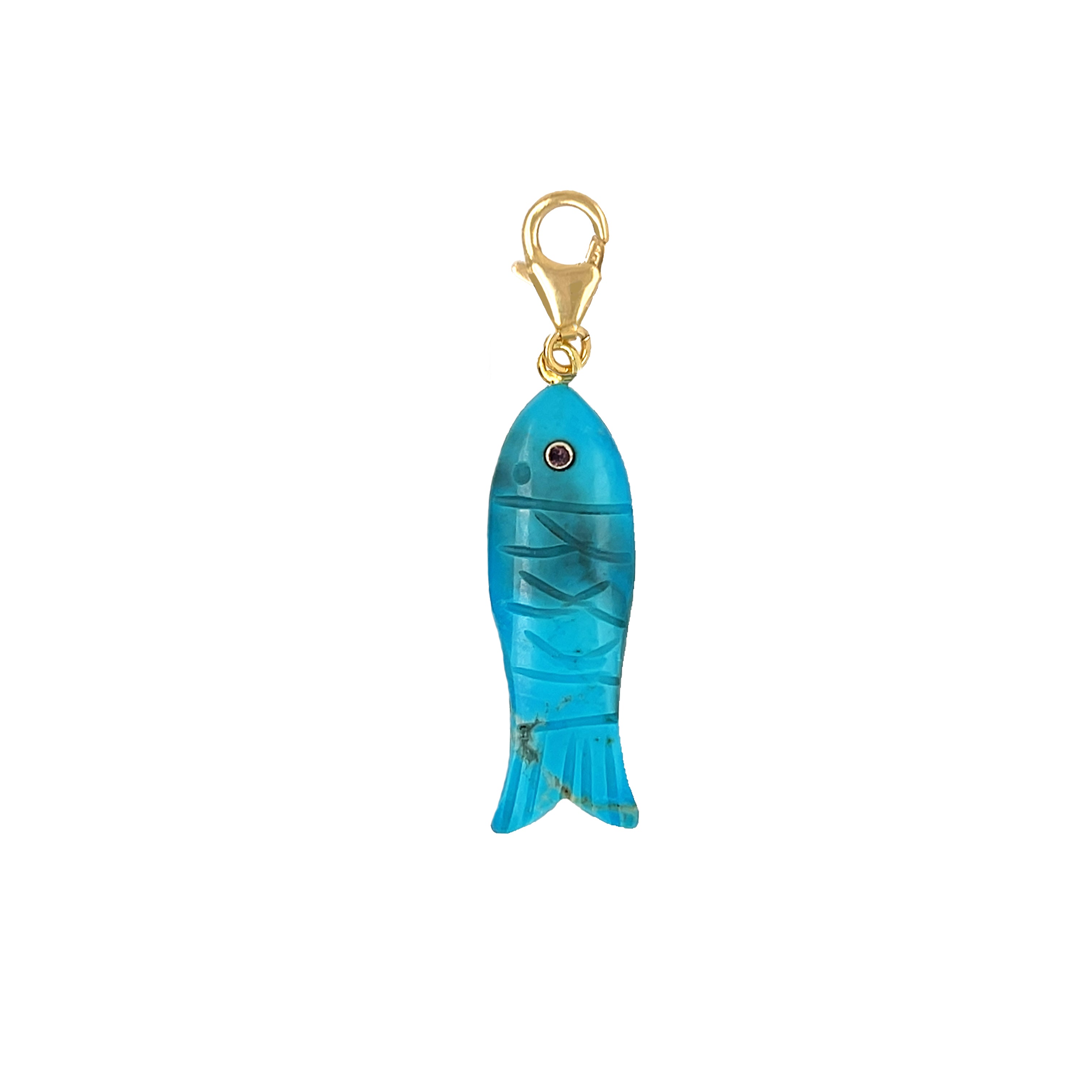 Turquoise &amp; Pink Tourmaline Eye Textured Fish Charm&nbsp;

Reel in some fun with our Fish Charm! This texturized charm adds a playful touch to any accessory. No need to fish for compliments, they'll come swimming your way with this cute addition.

Yellow Gold Plated
1.30" Long