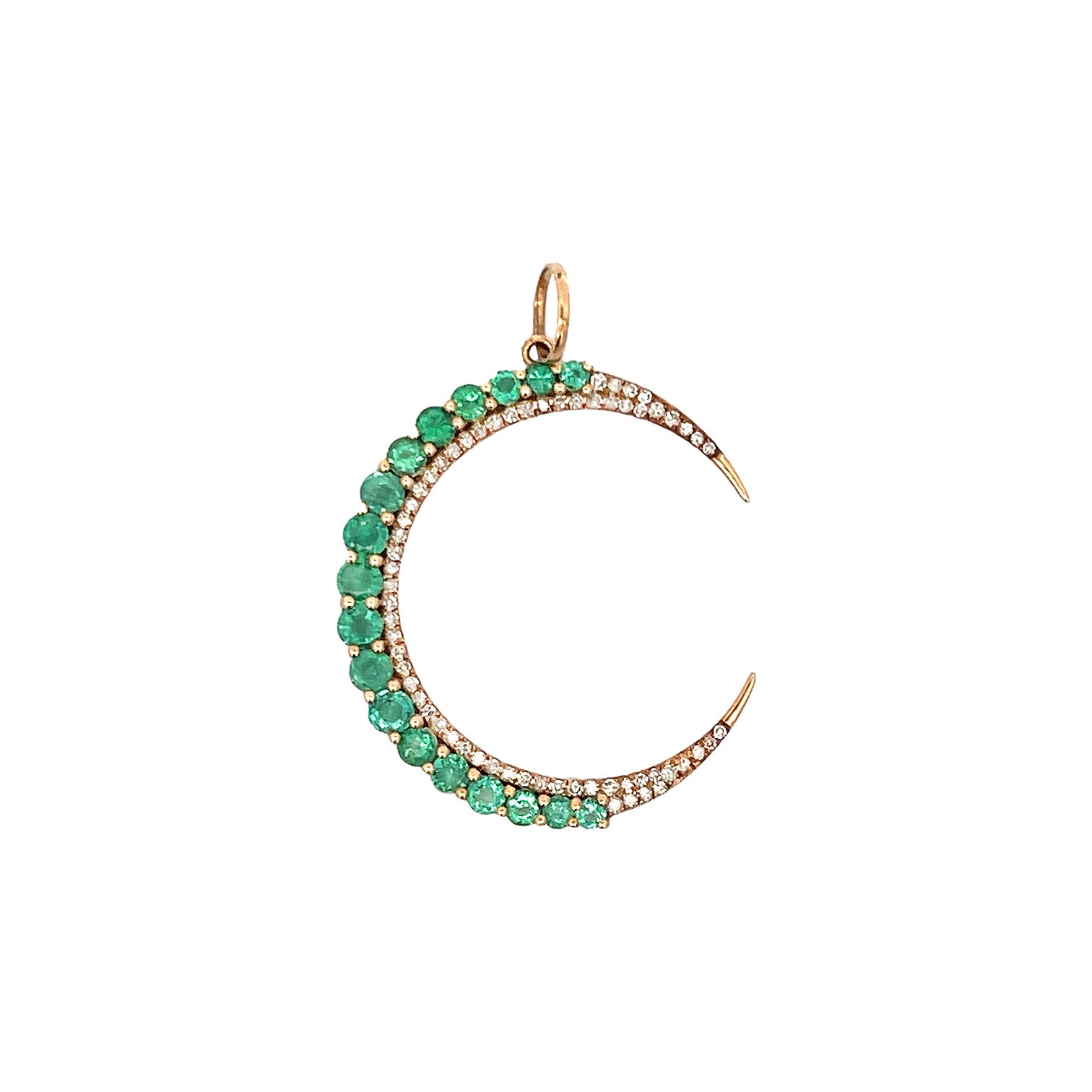 Diamond & Emerald Crescent Moon Charm   14K Yellow Gold 0.39 Diamond Carat Weight 1.38 Emerald Carat Weight 1.35" Length  X 1.20" Width 0.18" Thick 