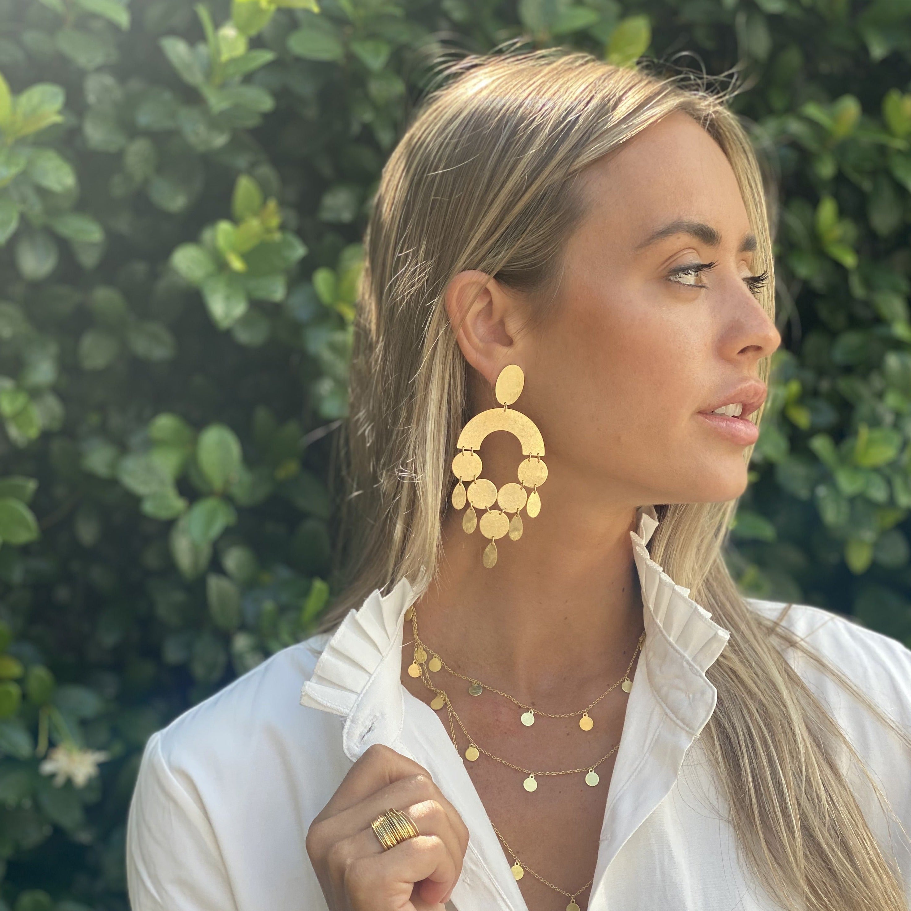 Geometric Chandelier Pierced Earrings   Yellow Gold Plated 4.00" Long X 1.65" Wide Textured Finish  As worn by Tamron Hall