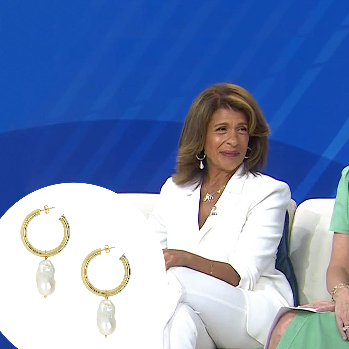 Pearl Drop Pierced Hoop Earrings  Yellow Gold Plated 1.35" Hoop Diameter 0.20" Hoop Thickness 2.50" Total Length  As worn by Hoda Kotb on the Today Show. 