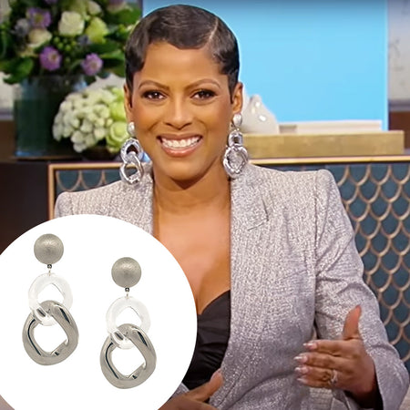 Silver &amp; Clear Resin Chain Clip On Earrings&nbsp;  White Gold Plated &nbsp;3.27" Length X 1.27" Width    As worn by Tamron Hall on The&nbsp;Tamron Hall Show. view 1