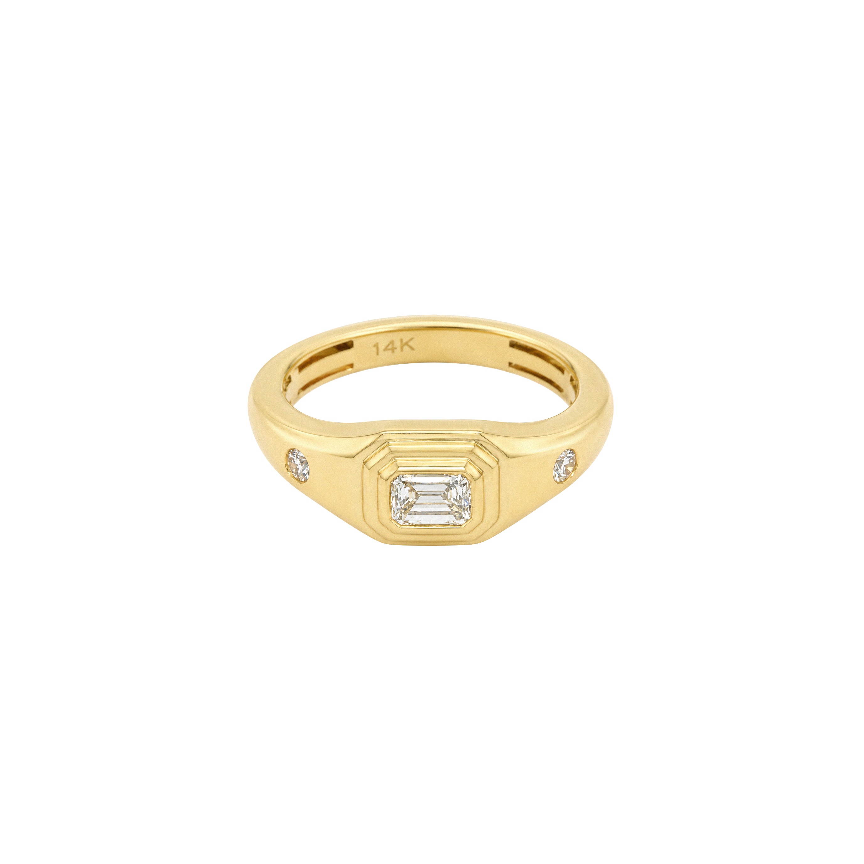 Diamond Emerald Cut &amp; Two Rounds Sides Ring

14K Yellow Gold
Emerald Cut Stone: 0.25 &nbsp;Diamond Carat Weight

Two Round Stones: 0.25 &nbsp;Diamond Carat Weight
0.25" Thick