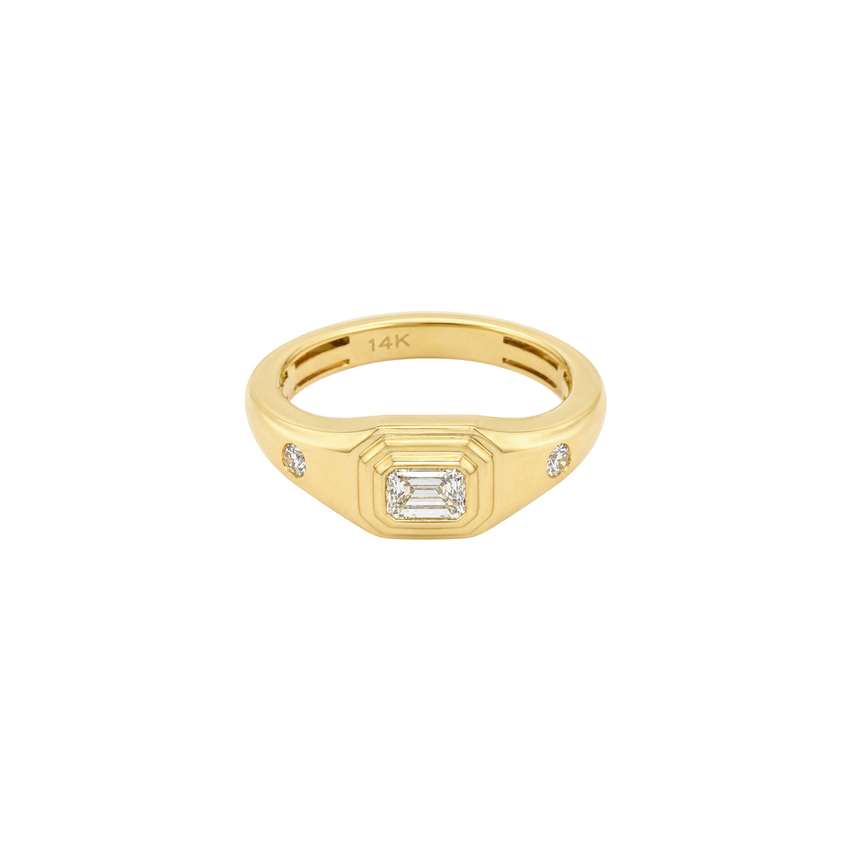 Diamond Emerald Cut &amp; Two Rounds Sides Ring

14K Yellow Gold
Emerald Cut Stone: 0.25 &nbsp;Diamond Carat Weight

Two Round Stones: 0.25 &nbsp;Diamond Carat Weight
0.25" Thick