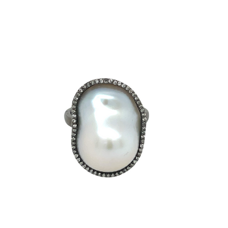 Pearl & Pave Diamond Ring  Oxidized Gold Plated Over Silver 0.88 Diamond Carat Weight 19.10 Pearl Carat Weight 0.90" Long X 0.66" Wide