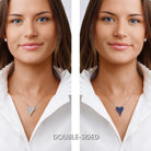 Two views of a woman wearing a heart-shaped necklace showing that it is double sided
