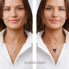 Two views of a woman wearing a heart necklace showing that it is double sided .