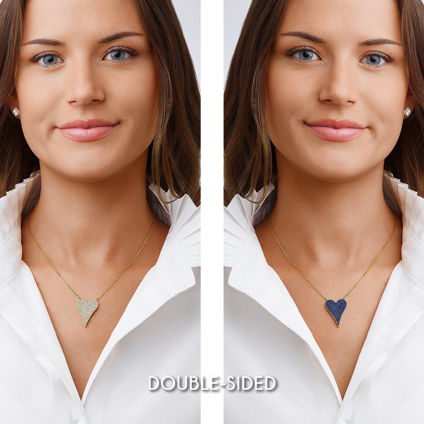 Two views of a woman wearing a heart necklace showing that it is double sided .