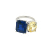 Faux Sapphire & Canary Open Ring  White Gold Plated Over Silver 0.48" Long X .075" Wide