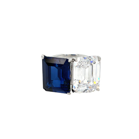 2 Stone CZ & Sapphire Ring  White Gold Plated Over Silver 0.50" Long X 0.78" Wide