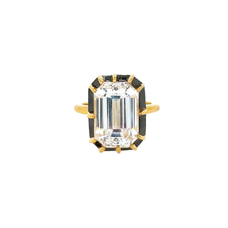 Emerald Cut Crystal Edwardian Ring  Yellow &amp; Oxidized Plating Over Silver Cubic Zirconia Stone: 0.72" Long X 0.54" Wide