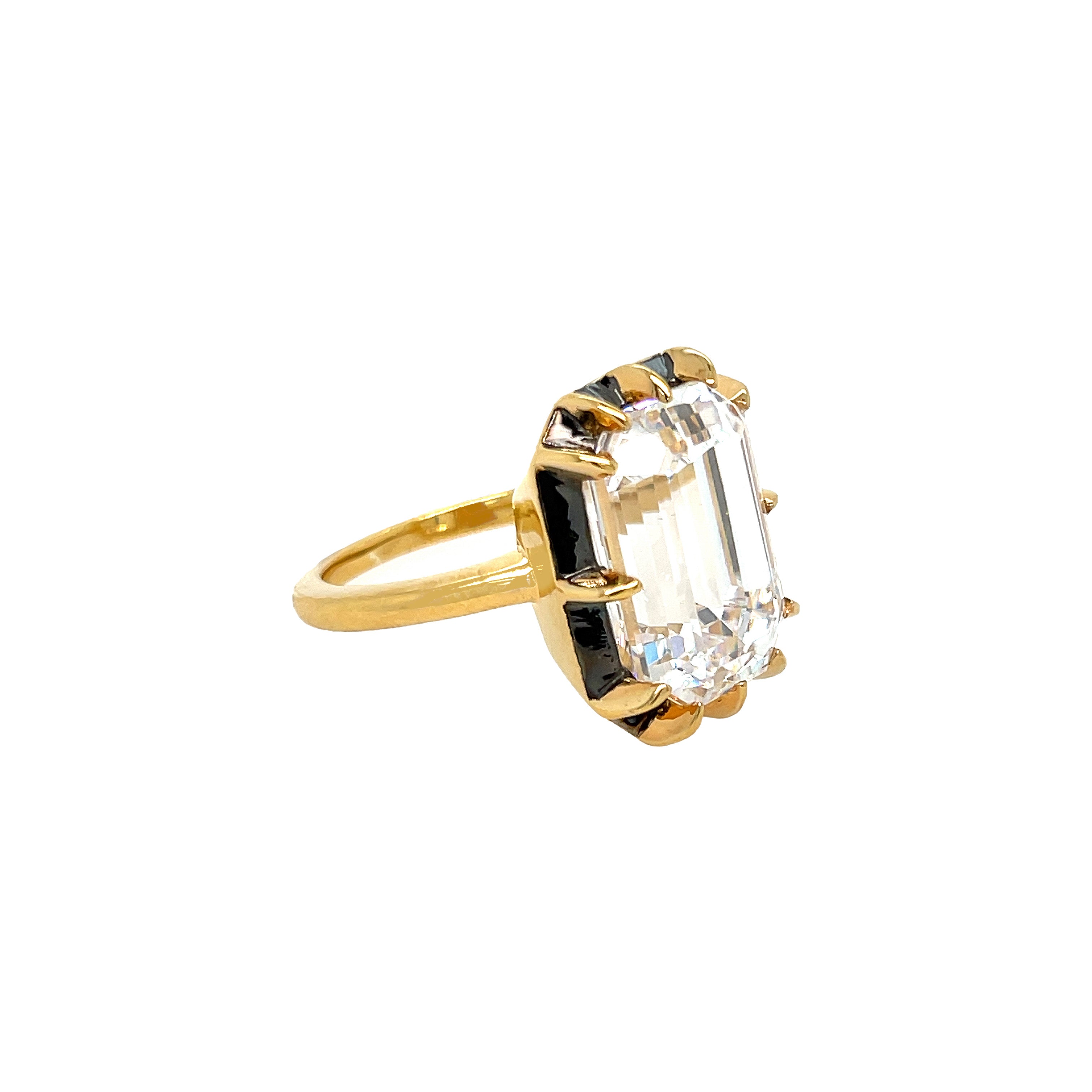 Emerald Cut Crystal Edwardian Ring  Yellow &amp; Oxidized Plating Over Silver Cubic Zirconia Stone: 0.72" Long X 0.54" Wide