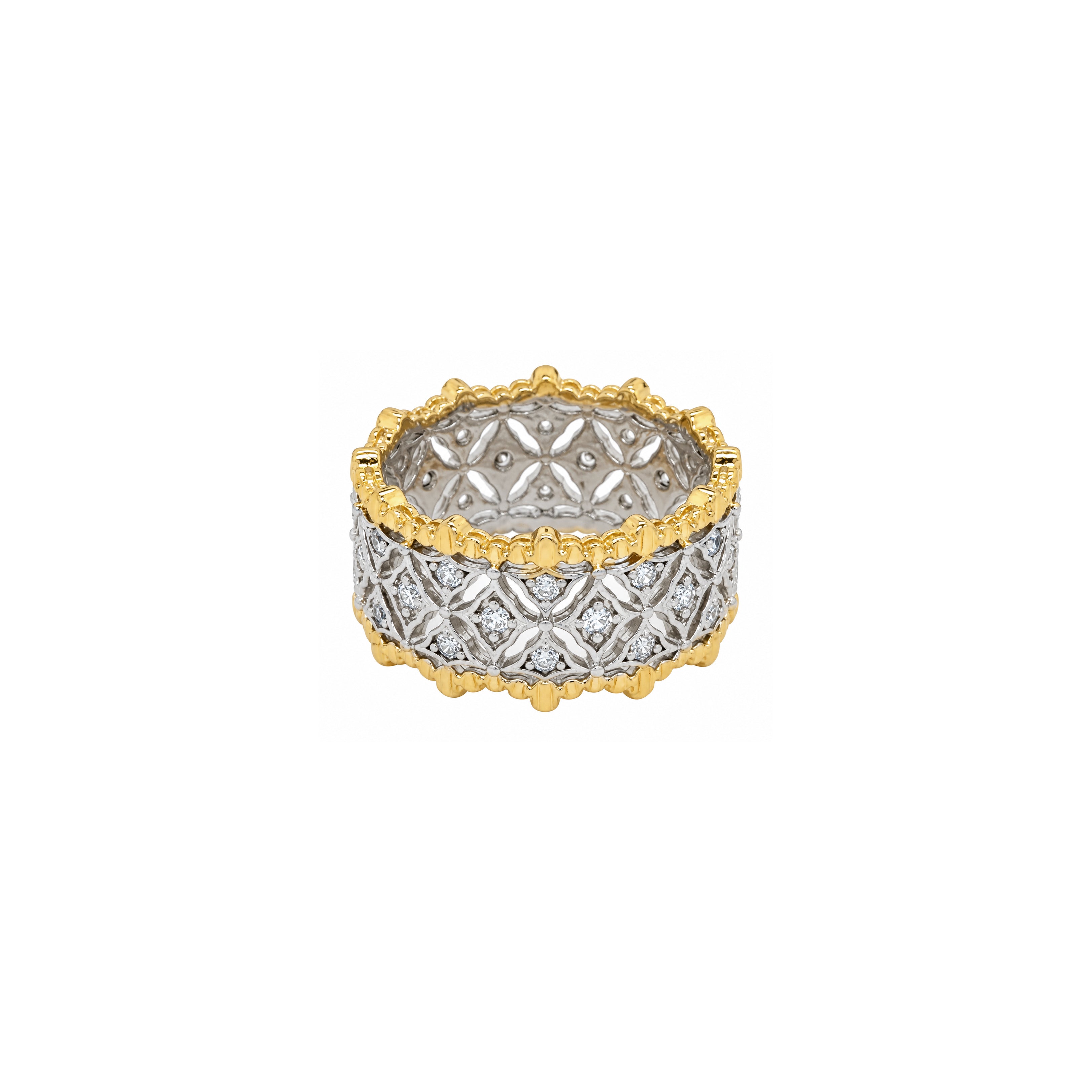 Cut Out Band Ring

Yellow &amp; White Gold Plated
Cubic Zirconia
0.45" Wide