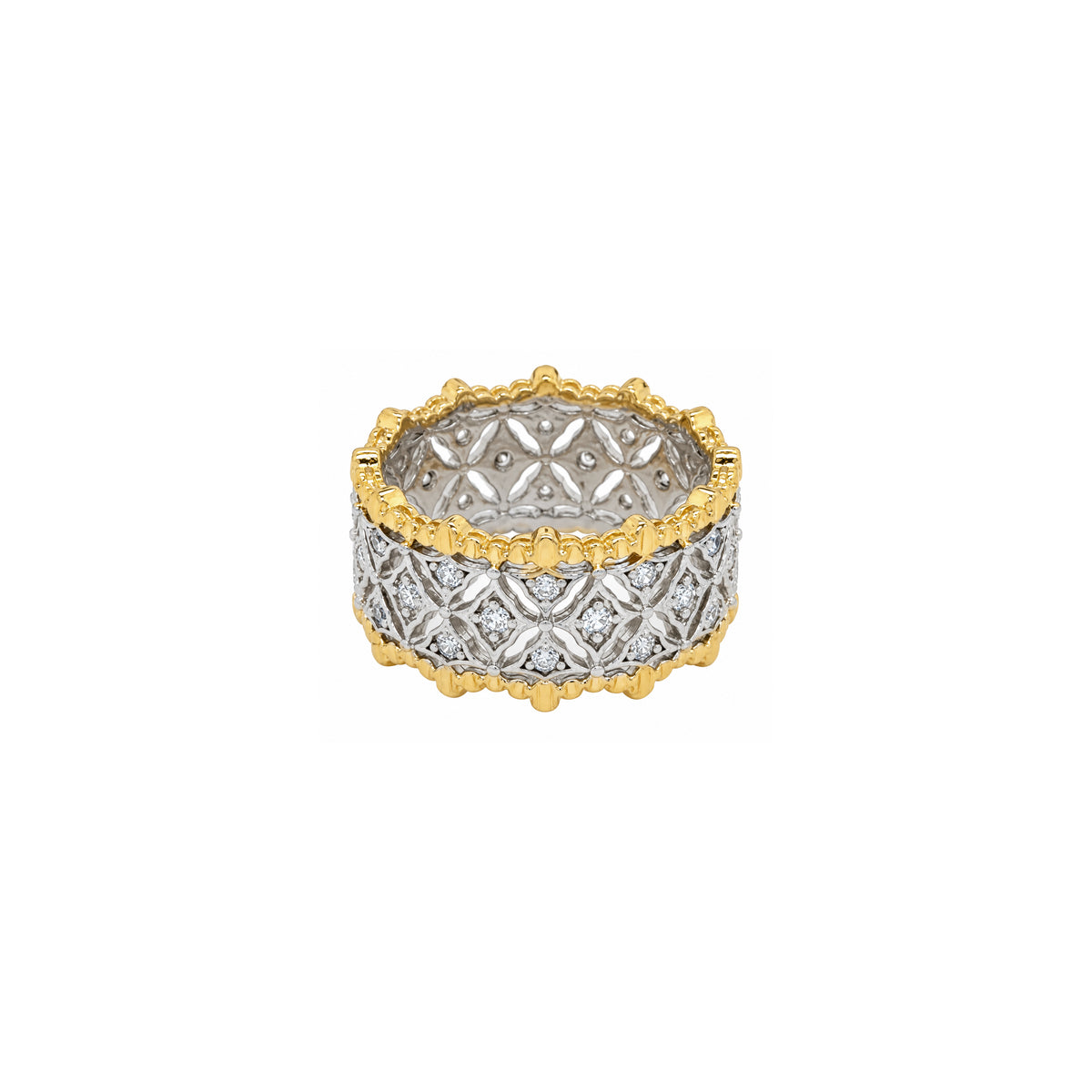 Cut Out Band Ring

Yellow &amp; White Gold Plated
Cubic Zirconia
0.45" Wide