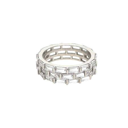 Baguette Triple Row Ring  White Gold Plated Over Silver 0.25" Wide