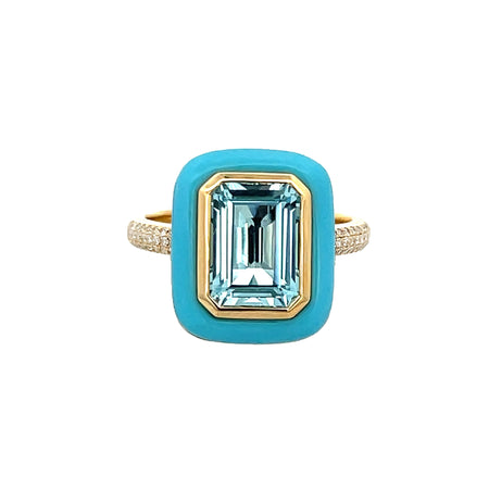 Blue Topaz, Turquoise & Diamond Ring  14K Yellow Gold 0.12 Diamond Carat Weight 1.96 Turquoise Carat Weight 3.23 Blue Topaz Carat Weight 0.60" Length X 0.50" Width