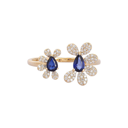 Diamond & Blue Sapphire Flower Ring  14K Yellow Gold 0.25 Diamond Carat Weight 0.45 Sapphire Carat Weight