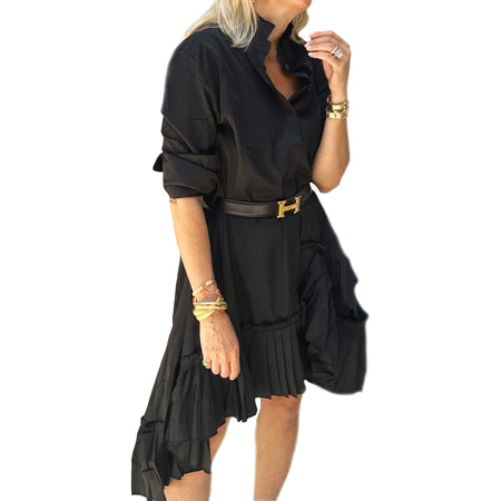 Black Pleated High-Low Asymmetrical Shirt Dress  65% Polyester 35% Cotton view 1