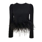 Black Long Sleeve Feather Trim Top