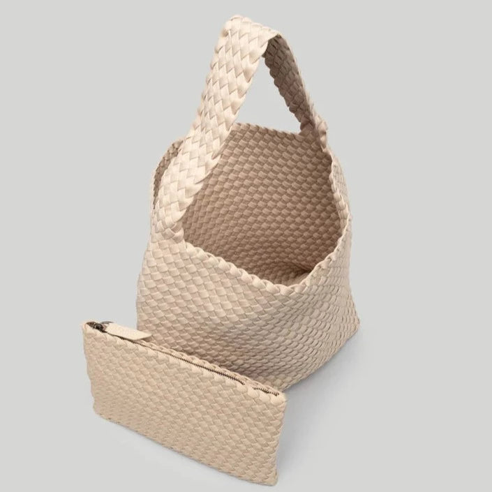 Ecru Hobo Woven Bag  16" High X 12" Wide X 5”  Deep Strap Drop: 5" Removable Pouch Included Magnetic Snap Closure   Design by Naghedi