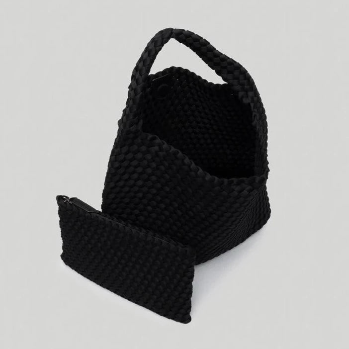 Black Hobo Woven Bag  16" High X 12" wide X 5”  Deep Strap Drop: 5" Removable Pouch Included Magnetic Snap Closure