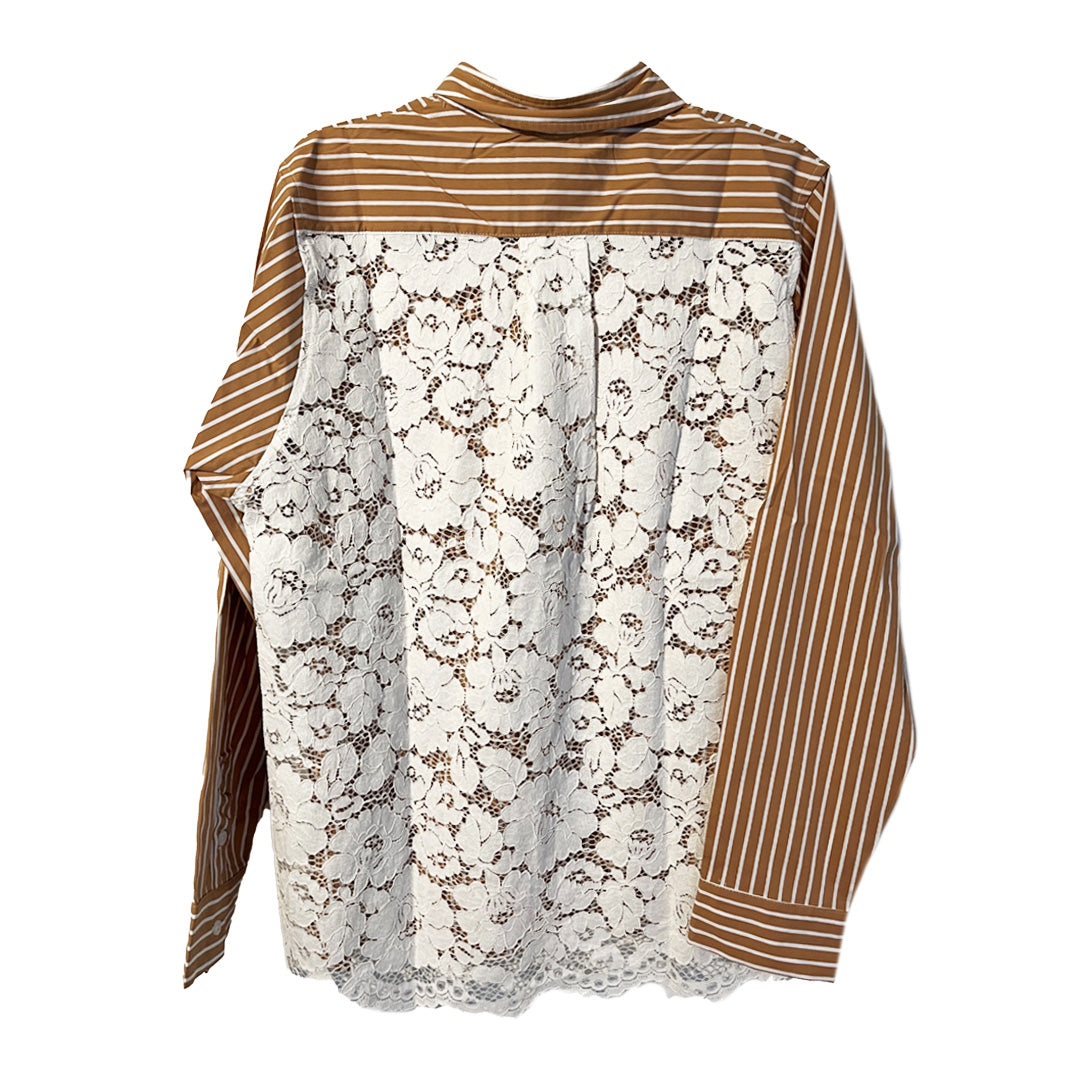 Tan & White Stripe With Lace Back Collar Button-Down Shirt  One Size Dry clean only Designed by Romi Basha