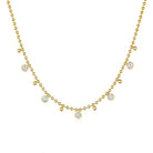 Dangling Bezel Ball Chain Necklace

14K Yellow Gold Plated
Adjustable- Can be worn 16.5-20.5"
5 Bezel-set High Intensity 6 mm CZ, or 0.75 Ct Equivalent
3.3 mm Ball Chain
12mm x 6mm Lobster Trigger Clasp