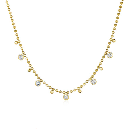 Dangling Bezel Ball Chain Necklace

14K Yellow Gold Plated
Adjustable- Can be worn 16.5-20.5"
5 Bezel-set High Intensity 6 mm CZ, or 0.75 Ct Equivalent
3.3 mm Ball Chain
12mm x 6mm Lobster Trigger Clasp