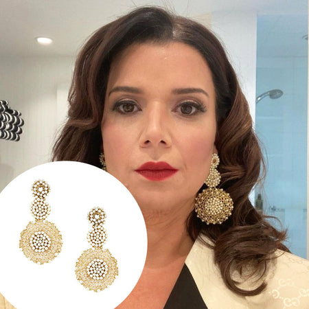 Mesh Pearl Beaded Disc Drop Pierced Earrings  18K Yellow Gold Plated 0.70" Top  0.85" Middle Disc 1.70" Bottom Disc Full Length: 3.5" As worn by Ana Navarro-Cárdenas.