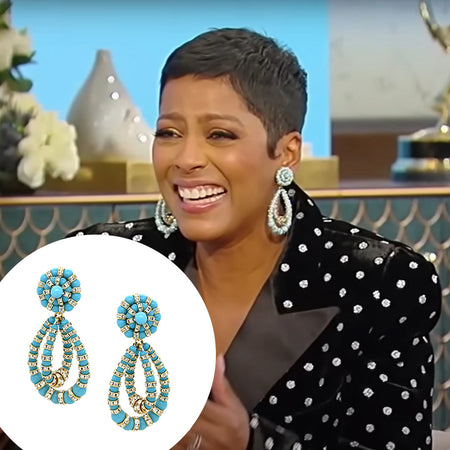 Open Concentric Turquoise Teardrop Earrings with Gold & Crystal Rondelles  Yellow Gold Plated 3.0" Length X 1.5" Width As worn by Tamron Hall on The Tamron Hall Show.