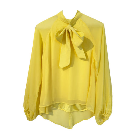 <p>Yellow Tie Neck Blouse Shirt</p> <ul> <li>One Size</li> <li>High-low Cut</li> </ul>