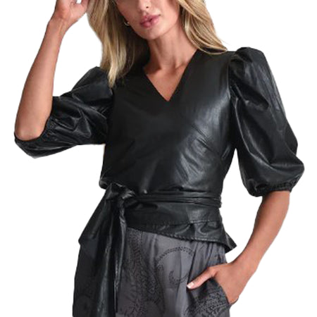 Black Faux Leather Wrap Top  One Size