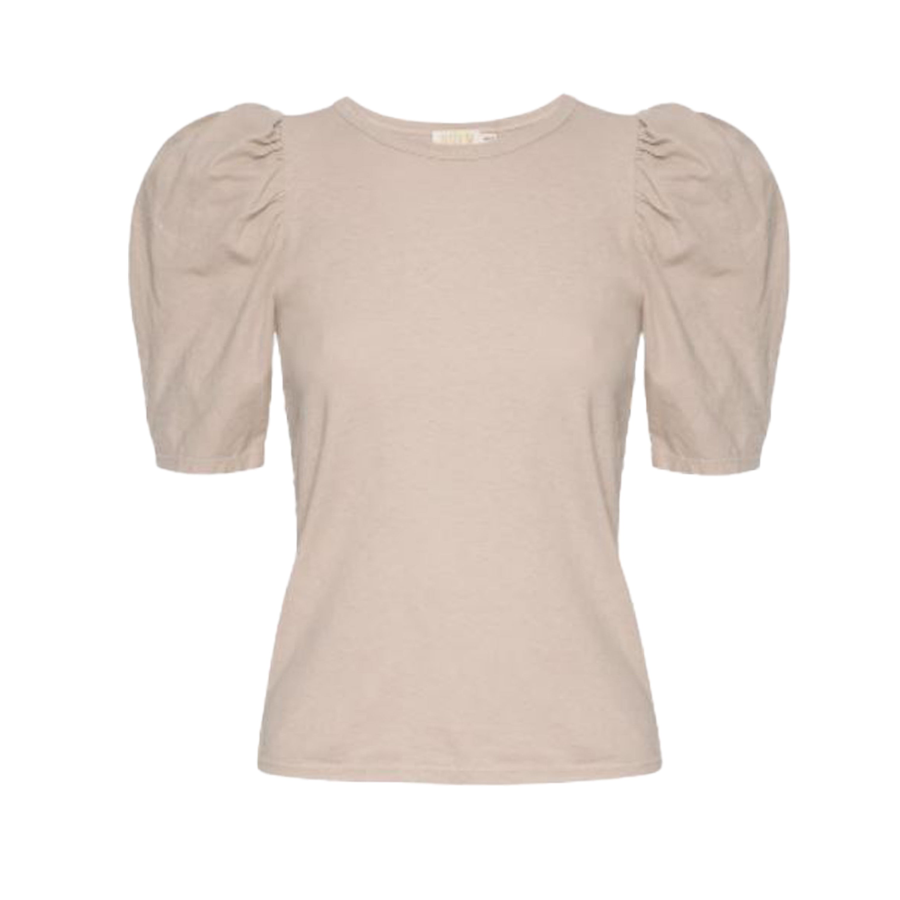 Tan Puff Sleeve Crew Top  70% Linen Pima 30% Pima Machine Wash