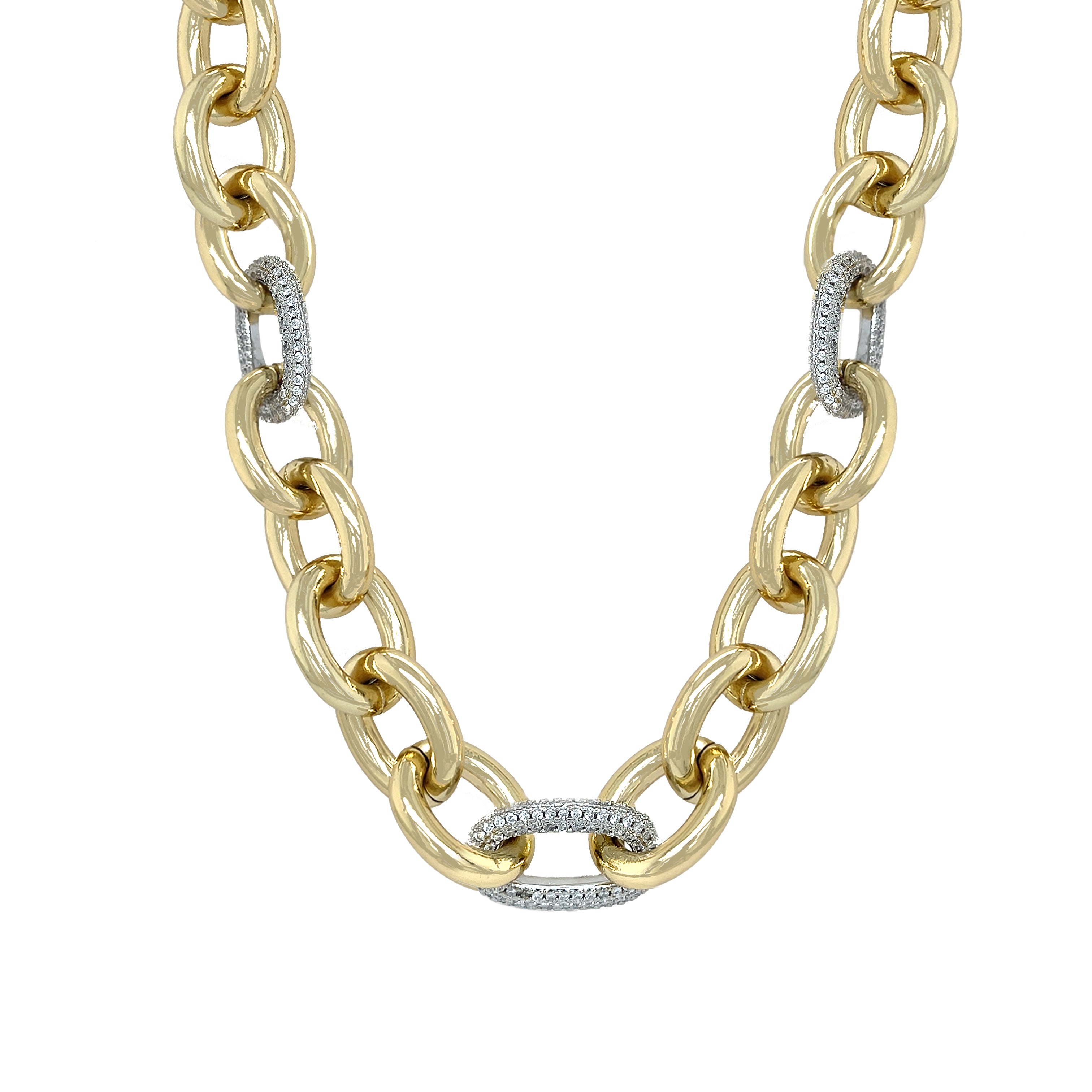 Gold and silver chain necklace on a white background

Pave CZ Two Tone Link Chunky Chain Necklace

Yellow Gold Plated
Links: 0.8" Long X 0.65" Wide
18-19.5" Long