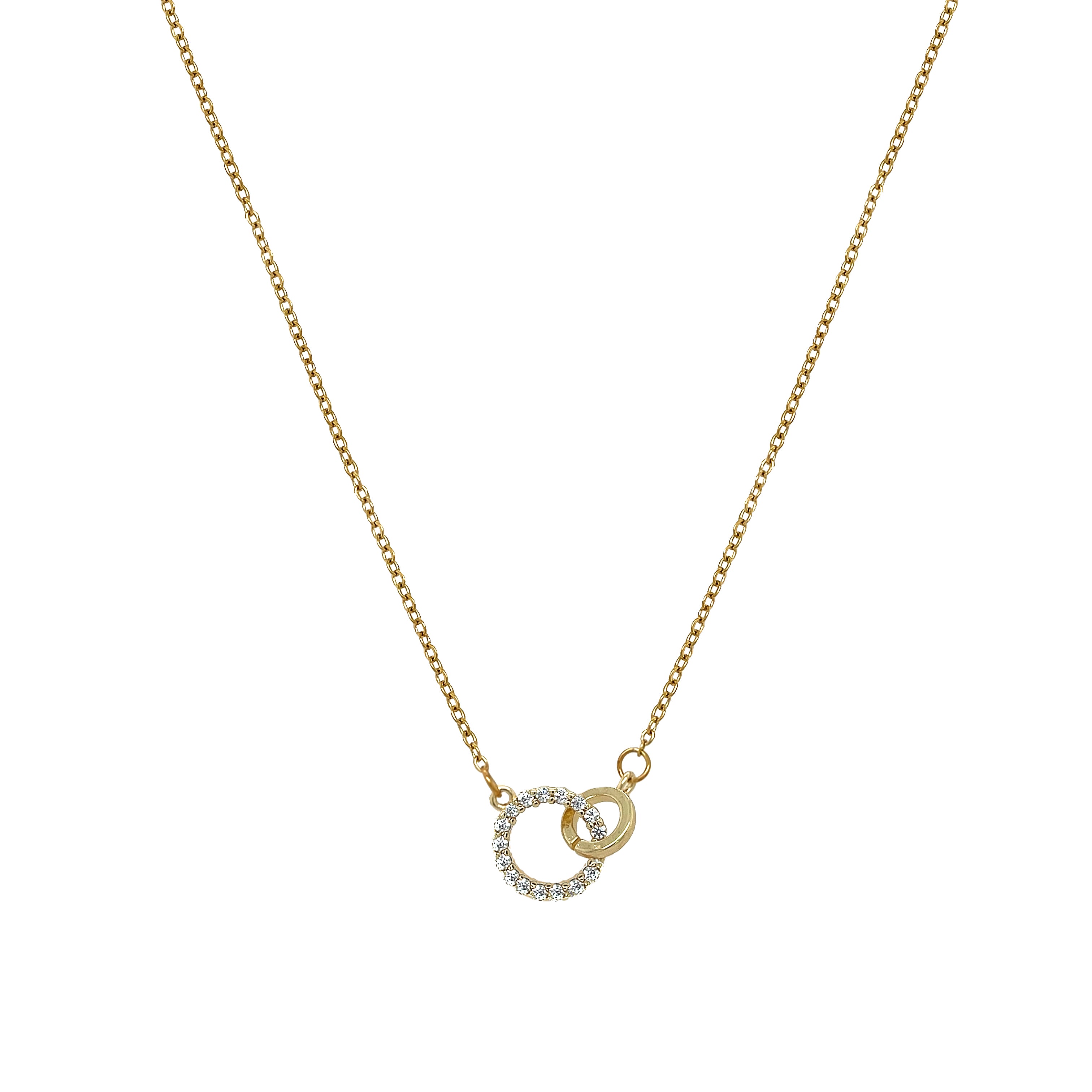 Gold necklace with a circular pendant on a white background
Pave CZ and Interlocking Circle Chain Necklace

Yellow Gold Plated
Circles: 0.75" Wide
16.5-18.5" Long