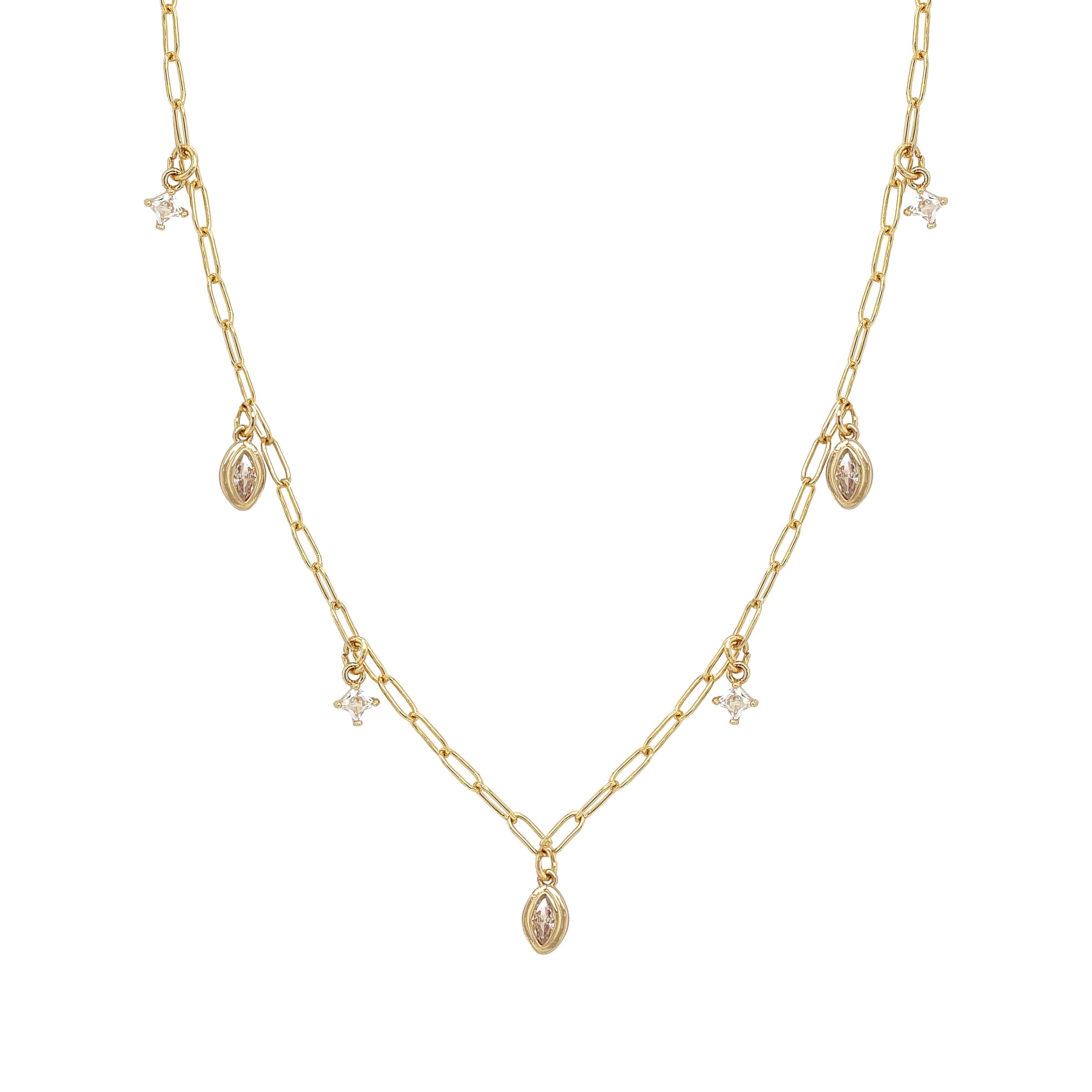 Gold chain necklace with small pendants on a white background

CZ Charm Paperclip Chain Necklace

Yellow Gold Plated
Charms: 0.20" Wide
15.5-17.5" Long