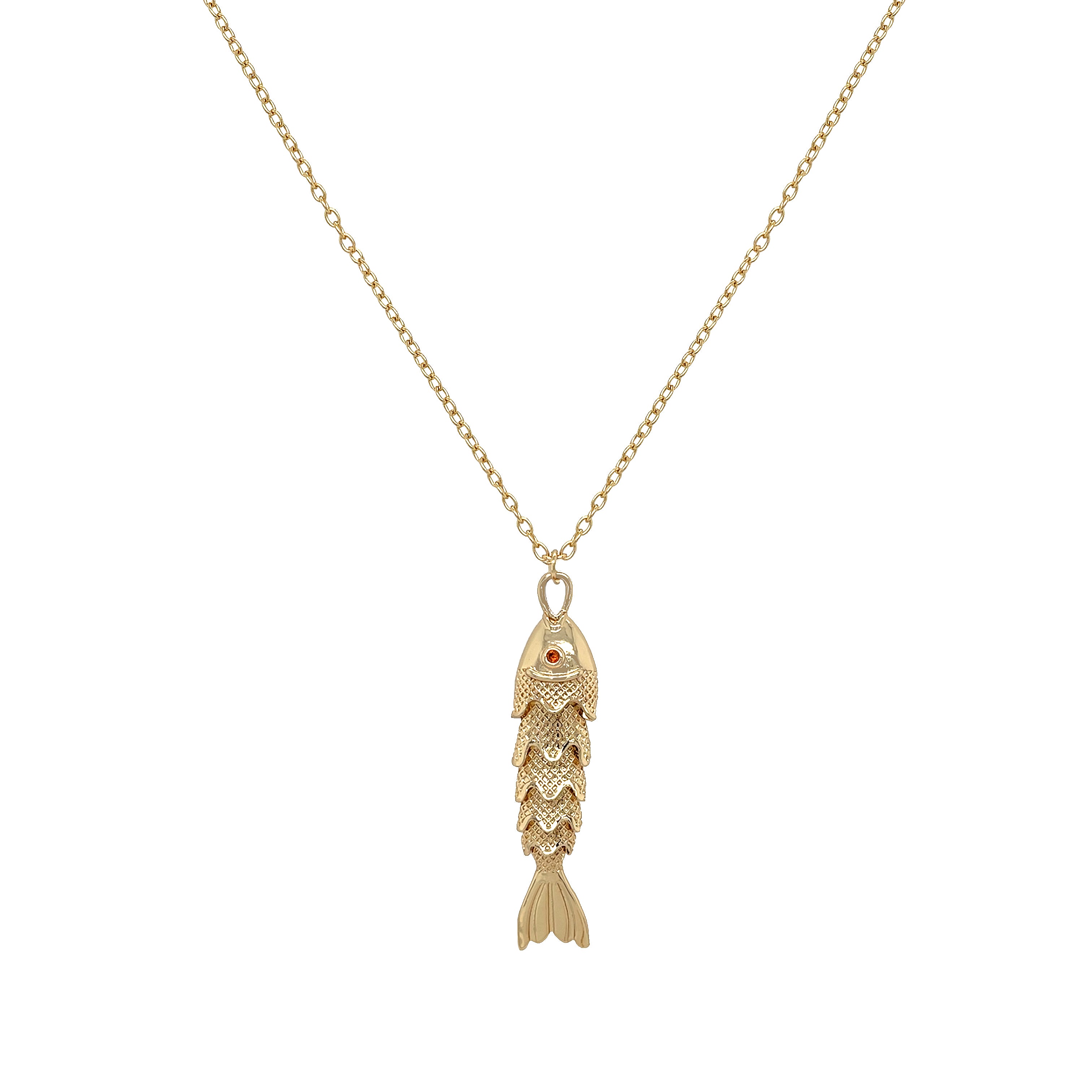 Gold fish-shaped pendant on a chain against a white background

Fish Pendant Chain Necklace

Yellow Gold Plated
Fish: 1.77" Long X 0.35" Wide
17.5-19.5" Long