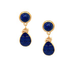Pair of gold earrings with blue stones on a white background