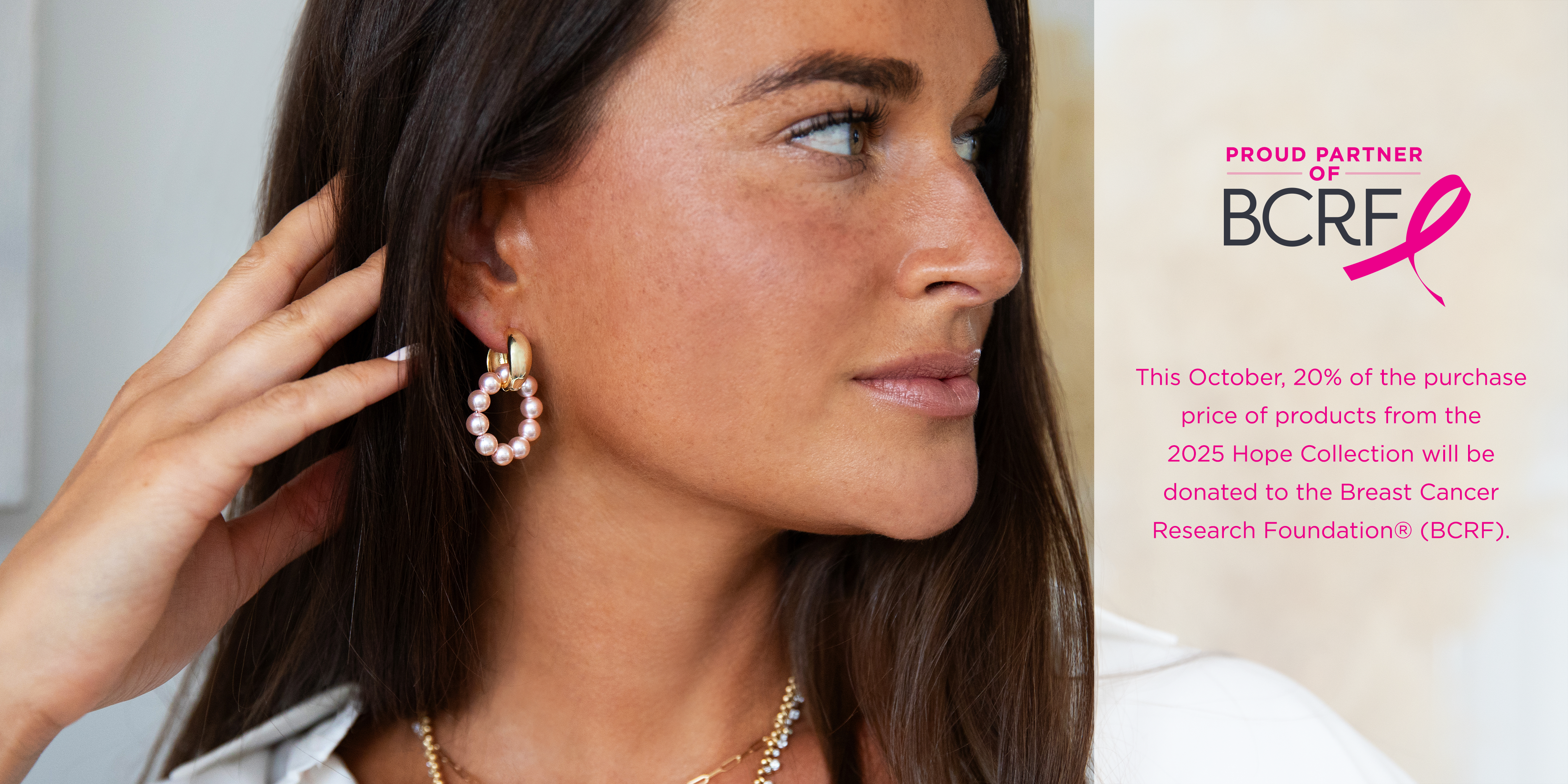 Woman wearing earrings with BCRF logo and text about breast cancer research foundation donation.