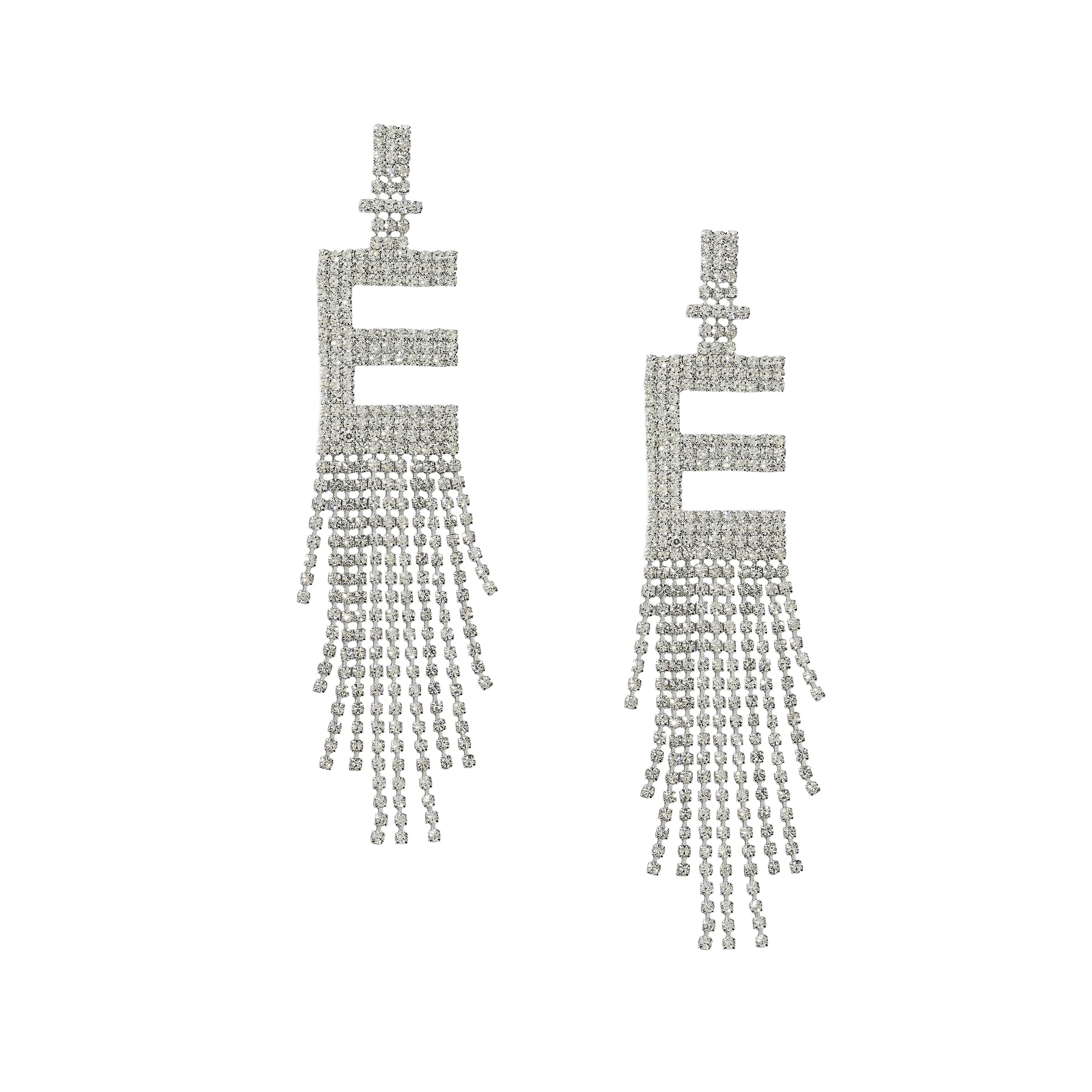 Fringe Initial CZ Drop Pierced Earrings  White Gold Plated