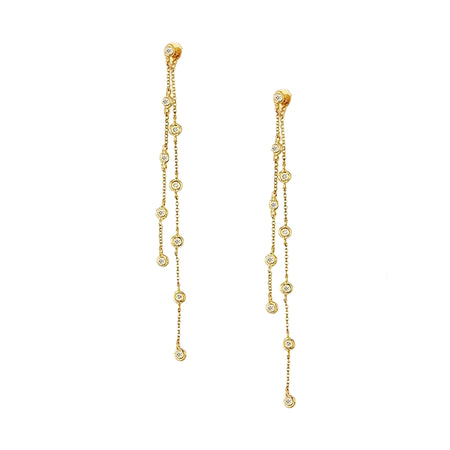 Diamond Double Chain Drop Pierced Earrings  14K Yellow Gold 0.35 Diamond Carat Weight 2'' Length