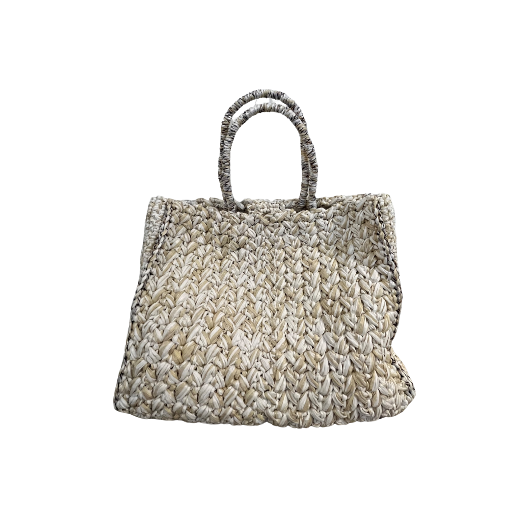 Cream &amp; Silver Raffia Tote

14" Long X 15" Wide X 4" Deep
6" Drop