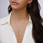 Amethyst Stone Drop Bezel Set Lariat Necklace  14K Yellow or White Gold Plated Can be worn 17 to 21 inches, Adjustable Round CZs approximately 0.15 ct each&nbsp; Center Pear CZ approximately 0.35 ct Lariat drop is 2 inches long