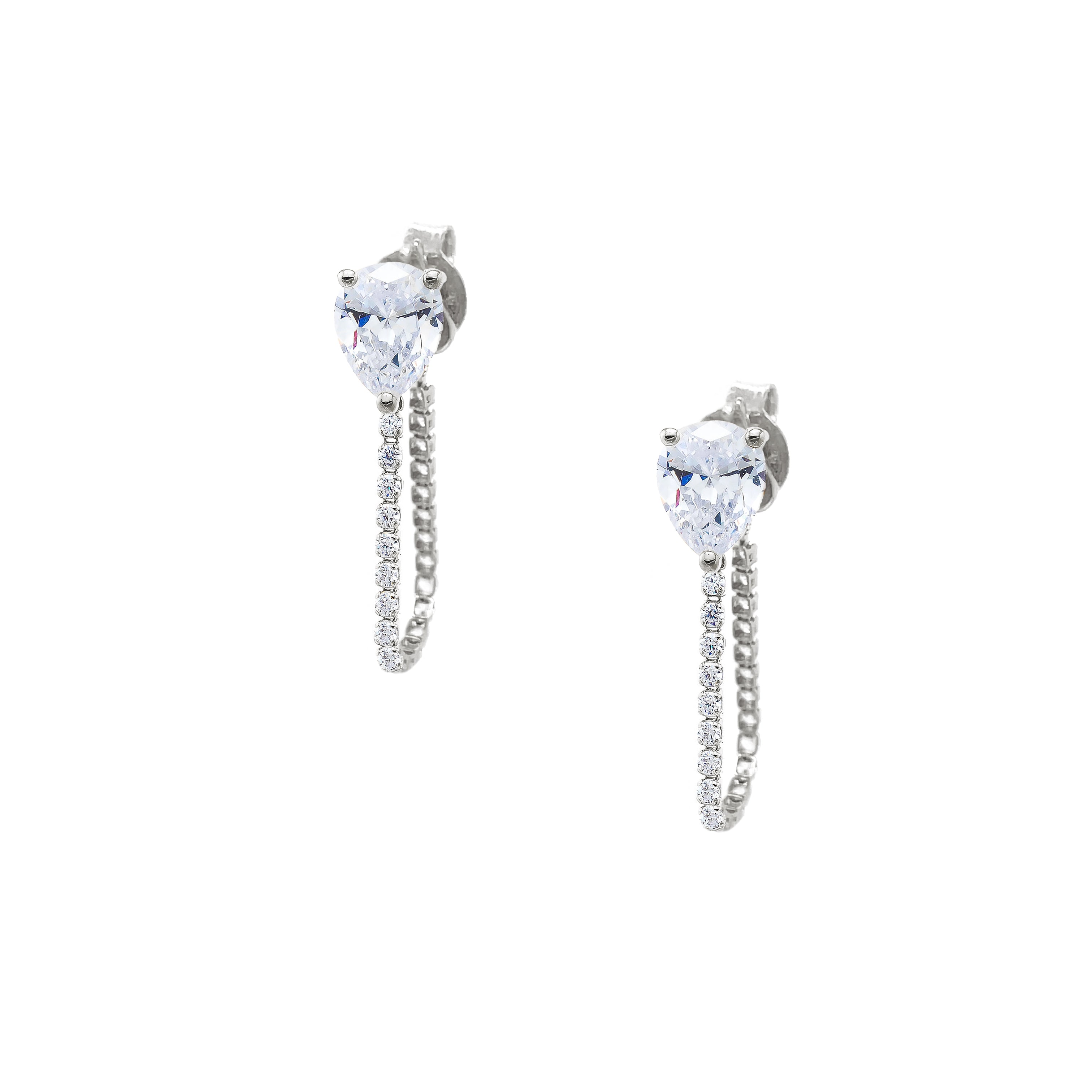 Pair of silver drop earrings with clear gemstones on a white background