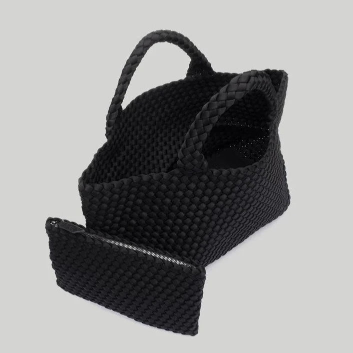 Black Woven Tote With Rolled Handles  10" Height X 8.5" Width Strap: 5" Drop Removable Pouch Included: 10" Length X 6.5" Width