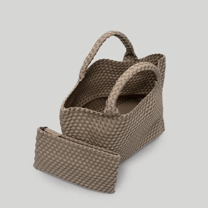 Cashmere Woven Tote With Rolled Handles  10" High X 8.5" Wide Width: Bottom 13" - Top 19" Strap: 5" Drop Removable Pouch: 10" Long X 6.5" Wide