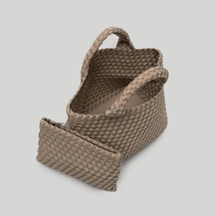 Cashmere Mini Woven Tote With Rolled Handles  7.75" Height X 14.5" Length X 6.75" Depth Pouch Included Removable Crossbody Strap Included